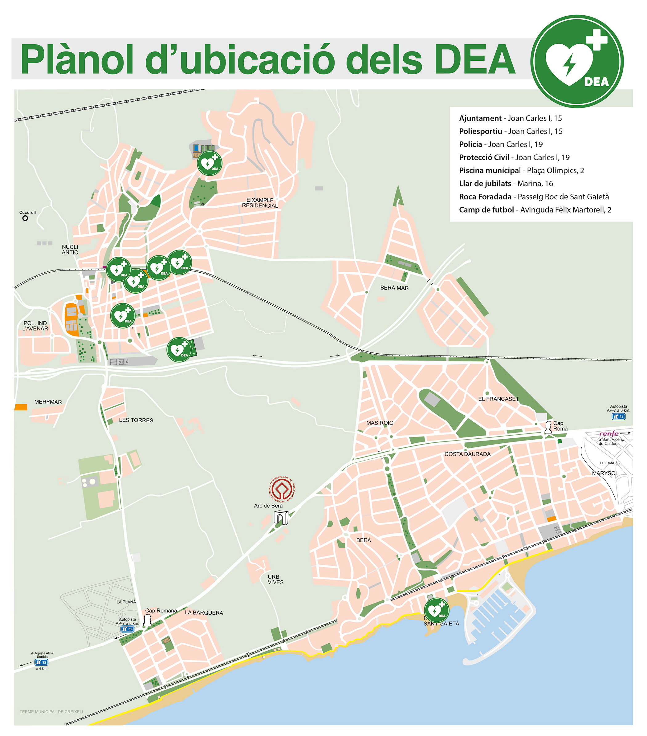 Plànol d’ubicació dels Desfibril·ladors Externs Automàtics disponibles a Roda de Berà